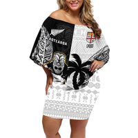 Custom Fiji And New Zealand Rugby Family Matching Off Shoulder Short Dress and Hawaiian Shirt Aotearoa Silver Fern Mix Fijian Tapa Pattern LT14 Mom's Dress Black - Polynesian Pride