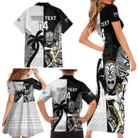 Custom Fiji And New Zealand Rugby Family Matching Short Sleeve Bodycon Dress and Hawaiian Shirt Aotearoa Silver Fern Mix Fijian Tapa Pattern LT14 - Polynesian Pride