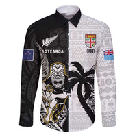 Custom Fiji And New Zealand Rugby Family Matching Short Sleeve Bodycon Dress and Hawaiian Shirt Aotearoa Silver Fern Mix Fijian Tapa Pattern LT14 Dad's Shirt - Long Sleeve Black - Polynesian Pride