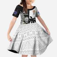Custom Fiji And New Zealand Rugby Kid Short Sleeve Dress Aotearoa Silver Fern Mix Fijian Tapa Pattern LT14 KID Black - Polynesian Pride