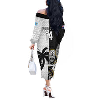 Custom Fiji And New Zealand Rugby Off The Shoulder Long Sleeve Dress Aotearoa Silver Fern Mix Fijian Tapa Pattern LT14 - Polynesian Pride