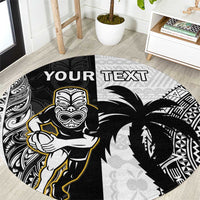 Custom Fiji And New Zealand Rugby Round Carpet Aotearoa Silver Fern Mix Fijian Tapa Pattern LT14 Black - Polynesian Pride