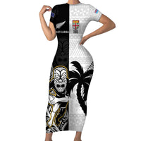 Custom Fiji And New Zealand Rugby Short Sleeve Bodycon Dress Aotearoa Silver Fern Mix Fijian Tapa Pattern LT14 Long Dress Black - Polynesian Pride