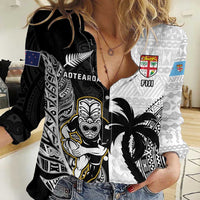 Custom Fiji And New Zealand Rugby Women Casual Shirt Aotearoa Silver Fern Mix Fijian Tapa Pattern LT14 Female Black - Polynesian Pride