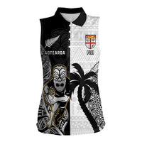 Custom Fiji And New Zealand Rugby Women Sleeveless Polo Shirt Aotearoa Silver Fern Mix Fijian Tapa Pattern LT14 Female Black - Polynesian Pride