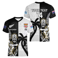Custom Fiji And New Zealand Rugby Women V-Neck T-Shirt Aotearoa Silver Fern Mix Fijian Tapa Pattern LT14 - Polynesian Pride