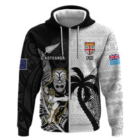 Custom Fiji And New Zealand Rugby Zip Hoodie Aotearoa Silver Fern Mix Fijian Tapa Pattern LT14 Zip Hoodie Black - Polynesian Pride