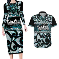 Kia Ora New Zealand Couples Matching Long Sleeve Bodycon Dress and Hawaiian Shirt Aotearoa Proud Maori Paua Shell Silver Fern LT14 Black - Polynesian Pride