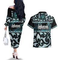 Kia Ora New Zealand Couples Matching Off The Shoulder Long Sleeve Dress and Hawaiian Shirt Aotearoa Proud Maori Paua Shell Silver Fern LT14 - Polynesian Pride