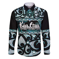 Kia Ora New Zealand Family Matching Off Shoulder Maxi Dress and Hawaiian Shirt Aotearoa Proud Maori Paua Shell Silver Fern LT14 Dad's Shirt - Long Sleeve Black - Polynesian Pride