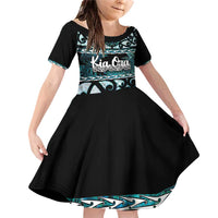 Kia Ora New Zealand Family Matching Off Shoulder Short Dress and Hawaiian Shirt Aotearoa Proud Maori Paua Shell Silver Fern LT14 Daughter's Dress Black - Polynesian Pride