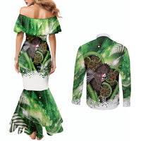 Piwakawaka New Zealand Christmas In July Couples Matching Mermaid Dress and Long Sleeve Button Shirt NZ Aroha Koru Fern Marble Vibes LT14 - Polynesian Pride