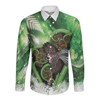 Piwakawaka New Zealand Christmas In July Long Sleeve Button Shirt NZ Aroha Koru Fern Marble Vibes LT14 Unisex Green - Polynesian Pride