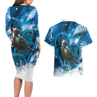 Tui Bird New Zealand Christmas In July Couples Matching Long Sleeve Bodycon Dress and Hawaiian Shirt NZ Aroha Koru Fern Marble Vibes LT14 - Polynesian Pride