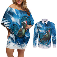 Tui Bird New Zealand Christmas In July Couples Matching Off Shoulder Short Dress and Long Sleeve Button Shirt NZ Aroha Koru Fern Marble Vibes LT14 Blue - Polynesian Pride