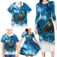 Tui Bird New Zealand Christmas In July Family Matching Long Sleeve Bodycon Dress and Hawaiian Shirt NZ Aroha Koru Fern Marble Vibes LT14 - Polynesian Pride
