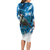 Tui Bird New Zealand Christmas In July Family Matching Long Sleeve Bodycon Dress and Hawaiian Shirt NZ Aroha Koru Fern Marble Vibes LT14 - Polynesian Pride