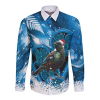 Tui Bird New Zealand Christmas In July Long Sleeve Button Shirt NZ Aroha Koru Fern Marble Vibes LT14 Unisex Blue - Polynesian Pride