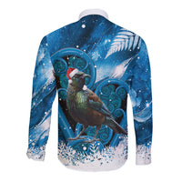 Tui Bird New Zealand Christmas In July Long Sleeve Button Shirt NZ Aroha Koru Fern Marble Vibes