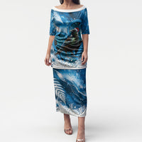 Tui Bird New Zealand Christmas In July Puletasi NZ Aroha Koru Fern Marble Vibes LT14 Long Dress Blue - Polynesian Pride
