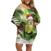 Kakapo New Zealand Christmas In July Family Matching Off Shoulder Short Dress and Hawaiian Shirt NZ Aroha Koru Fern Marble Vibes LT14 Mom's Dress Green - Polynesian Pride