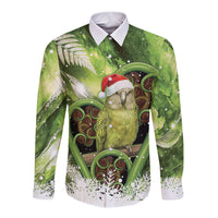 Kakapo New Zealand Christmas In July Long Sleeve Button Shirt NZ Aroha Koru Fern Marble Vibes