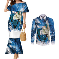 Sulphur-crested Cockatoo New Zealand Christmas In July Couples Matching Mermaid Dress and Long Sleeve Button Shirt NZ Aroha Koru Fern Marble Vibes LT14 Blue - Polynesian Pride