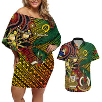Vanuatu and Australia Couples Matching Off Shoulder Short Dress and Hawaiian Shirt Vanuatuan Polynesian Mix Aussie Aboriginal Art LT14 Black - Polynesian Pride