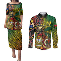 Vanuatu and Australia Couples Matching Puletasi Dress and Long Sleeve Button Shirts Vanuatuan Polynesian Mix Aussie Aboriginal Art LT14 Black - Polynesian Pride