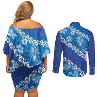 Vintage Blue Polynesia Couples Matching Off Shoulder Short Dress and Long Sleeve Button Shirt Plumeria With Hibiscus Tropical Vibes