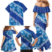 Vintage Blue Polynesia Family Matching Mermaid Dress and Hawaiian Shirt Plumeria With Hibiscus Tropical Vibes