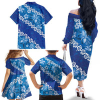 Vintage Blue Polynesia Family Matching Off The Shoulder Long Sleeve Dress and Hawaiian Shirt Plumeria With Hibiscus Tropical Vibes LT14 - Polynesian Pride