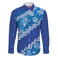 Vintage Blue Polynesia Family Matching Off The Shoulder Long Sleeve Dress and Hawaiian Shirt Plumeria With Hibiscus Tropical Vibes LT14 Dad's Shirt - Long Sleeve Blue - Polynesian Pride