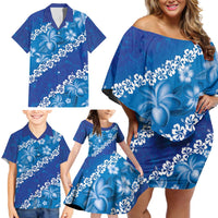 Vintage Blue Polynesia Family Matching Off Shoulder Short Dress and Hawaiian Shirt Plumeria With Hibiscus Tropical Vibes LT14 - Polynesian Pride