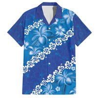 Vintage Blue Polynesia Family Matching Off Shoulder Short Dress and Hawaiian Shirt Plumeria With Hibiscus Tropical Vibes LT14 Dad's Shirt - Short Sleeve Blue - Polynesian Pride
