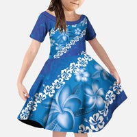 Vintage Blue Polynesia Family Matching Tank Maxi Dress and Hawaiian Shirt Plumeria With Hibiscus Tropical Vibes LT14 Daughter's Dress Blue - Polynesian Pride