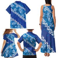 Vintage Blue Polynesia Family Matching Tank Maxi Dress and Hawaiian Shirt Plumeria With Hibiscus Tropical Vibes LT14 - Polynesian Pride