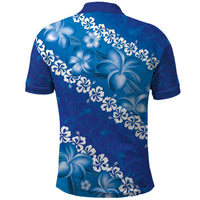 Vintage Blue Polynesia Polo Shirt Plumeria With Hibiscus Tropical Vibes
