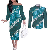 Vintage Dark Cyan Polynesia Couples Matching Off The Shoulder Long Sleeve Dress and Long Sleeve Button Shirt Plumeria With Hibiscus Tropical Vibes