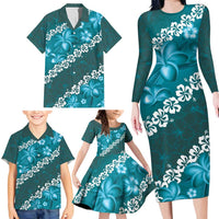 Vintage Dark Cyan Polynesia Family Matching Long Sleeve Bodycon Dress and Hawaiian Shirt Plumeria With Hibiscus Tropical Vibes LT14 - Polynesian Pride