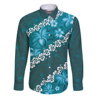 Vintage Dark Cyan Polynesia Family Matching Long Sleeve Bodycon Dress and Hawaiian Shirt Plumeria With Hibiscus Tropical Vibes LT14 Dad's Shirt - Long Sleeve Dark Cyan - Polynesian Pride