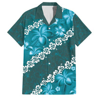 Vintage Dark Cyan Polynesia Family Matching Off The Shoulder Long Sleeve Dress and Hawaiian Shirt Plumeria With Hibiscus Tropical Vibes LT14 Dad's Shirt - Short Sleeve Dark Cyan - Polynesian Pride
