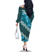 Vintage Dark Cyan Polynesia Family Matching Off The Shoulder Long Sleeve Dress and Hawaiian Shirt Plumeria With Hibiscus Tropical Vibes LT14 - Polynesian Pride