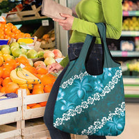 Vintage Dark Cyan Polynesia Grocery Bag Plumeria With Hibiscus Tropical Vibes