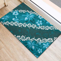 Vintage Dark Cyan Polynesia Rubber Doormat Plumeria With Hibiscus Tropical Vibes