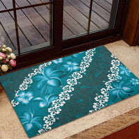 Vintage Dark Cyan Polynesia Rubber Doormat Plumeria With Hibiscus Tropical Vibes