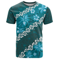 Vintage Dark Cyan Polynesia T Shirt Plumeria With Hibiscus Tropical Vibes