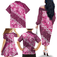 Vintage Pink Polynesia Family Matching Off The Shoulder Long Sleeve Dress and Hawaiian Shirt Plumeria With Hibiscus Tropical Vibes LT14 - Polynesian Pride