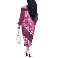 Vintage Pink Polynesia Off The Shoulder Long Sleeve Dress Plumeria With Hibiscus Tropical Vibes LT14 - Polynesian Pride