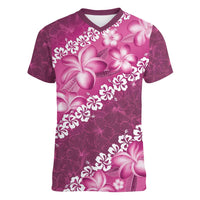 Vintage Pink Polynesia Women V-Neck T-Shirt Plumeria With Hibiscus Tropical Vibes